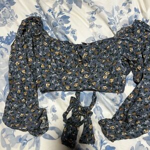 Altar'd State Floral Puff Sleeve Blouse - Blue and Yellow
